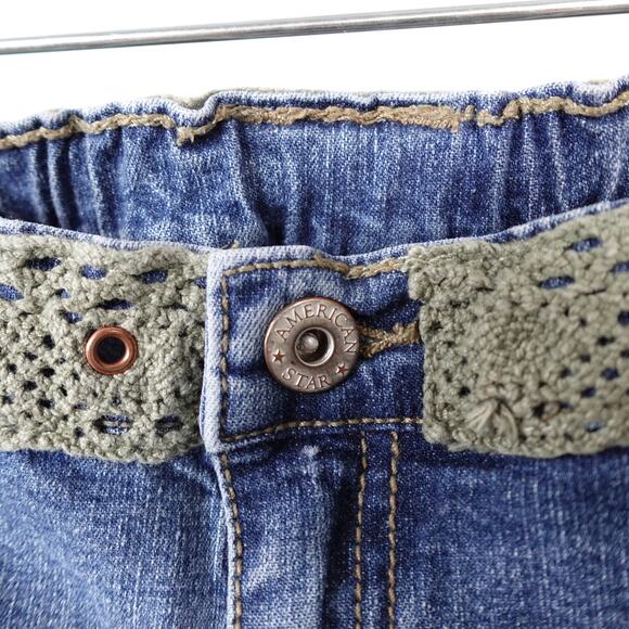 Vintage Y2K American Star Green Crochet Bedazzled Cropped Blue Jeans Size Large - Picture 9 of 10